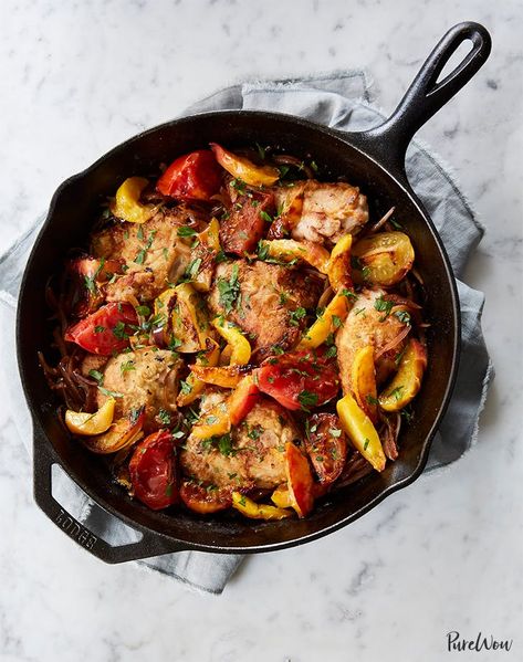 Skillet Roast Chicken with Peaches, Tomatoes and Red Onion Recipe - PureWow Summer Dinner Ideas, Red Onion Recipes, Summer Chicken Recipes, Easy Summer Dinners, Iron Skillet Recipes, One Skillet Meals, Cast Iron Skillet Recipes, Summer Recipes Dinner, Roast Chicken Recipes