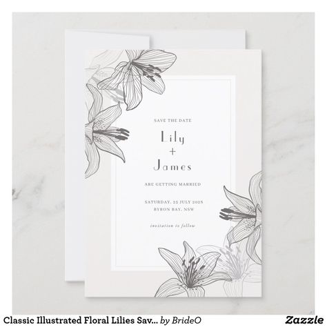 Lily Wedding Invitations, Lilies Wedding, Floral Wedding Invitation Card, Wedding Invitation Size, Flower Graphic Design, Black And White Illustrations, Lily Wedding, Elegant Bridal Shower, White Wedding Invitations