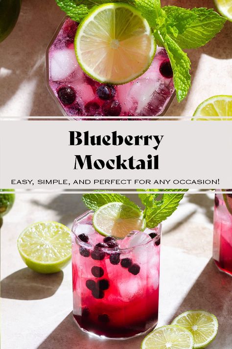 Blueberry Mocktail Blueberry Mocktail, Watermelon Jalapeno Margarita, Mint Syrup, Drink For Summer, Easy Mocktails, Easy Mocktail Recipes, Blueberry Mojito, Kid Friendly Drinks, Mint Simple Syrup