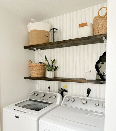 Cheap DIY Laundry Room Shelves For a Cute and Functional Space (Step-By-Step Guide) - Home By Alley Cheap Laundry Room Makeover, Diy Laundry Room Shelves, Diy Home Improvement Kitchen, Small Laundry Room Ideas, Narrow Laundry Room, Laundry Room Organization Storage, Small Laundry Room Makeover, Small Laundry Room Organization, Laundry Room Renovation