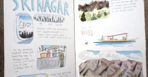 A blissful retreat to the valley of Kashmir, alone in a houseboat.     Getting there     Doing wat... Kashmir Travel Journal, Kashmir Illustration, Kashmir Drawing, Watercolor Journaling, Srinagar Kashmir, Kids Travel Journal, Travel Journal Cover, Diary Design, Sketchbook Layout