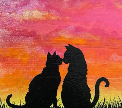 Black And Orange Cat Drawing, Cats In Love Painting, Cats In Love Drawing, Belle Drawing, Drawing Sunset, Black Cat Drawing, Cute Easy Paintings, Mini Toile, Cat Portrait Painting