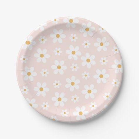 Daisy Paper Plates, Retro Daisy Birthday Party, Daisy Plates, Pink Paper Plates, Daisy Garland, Groovy Daisy, Birthday Plates, Flower Birthday Party, Daisy Party