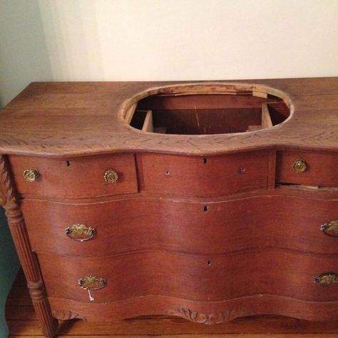 Upcycle Vanity Bathroom, Using Old Dresser For Bathroom Vanity, Old Dresser Bathroom Vanity Diy, Bathroom Ideas With Wood Vanity, Bathroom Vanity Made From Old Furniture, Easy Kitchen Updates Diy Budget, Refurbish Bathroom Vanity, Thrifted Bathroom Vanity, Buffet Turned Into Bathroom Vanity