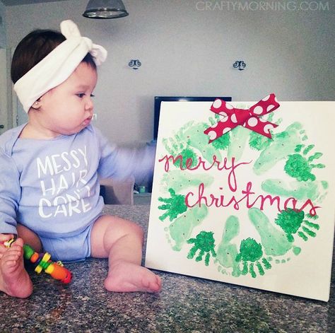 Handprint/Footprint Christmas Wreath Craft - Crafty Morning Baby Christmas Crafts, Christmas Wreath Craft, Footprint Crafts, Hand Prints, Handprint Crafts, Daycare Crafts, Play Ideas, Toddler Christmas, Holiday Baby