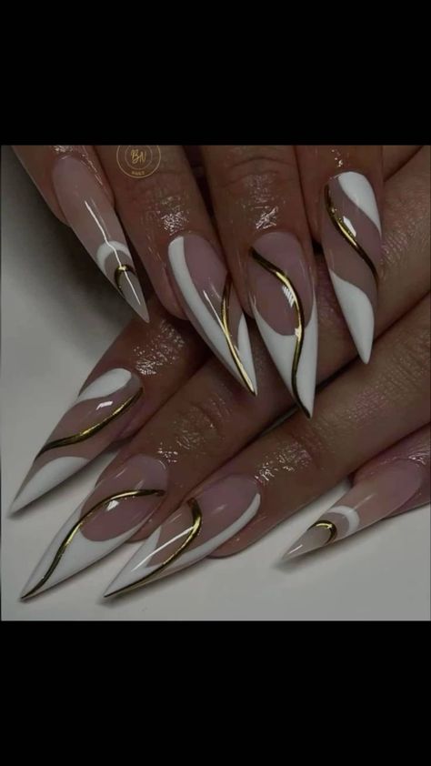 White French Nails, Stiletto Nails, Gold Line Nails, Basic Nails, French Nails, Luxury Nails, Old Money Nails OS110 - Etsy White French Nails, Gold Nail Designs, Pointed Nails, Stiletto Nails Designs, Lines On Nails, Basic Nails, Gold Nail, Dope Nail Designs, Luxury Nails