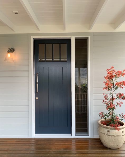 Francis antique silver wall light. Paint exterior Tranquil Retreat and front door Dulux Grid - the warmest of navy blues. Created by med designs interiors Sydney (insta - meddesignsco for more info.) Dulux Tranquil Retreat Exterior, Dulux Exterior Paint Colours Houses, Dulux Front Door Colours, Tranquil Retreat Dulux Exterior, Colorbond Shed, Light Blue House Exterior Colour Schemes, External House Paint Colors, Blue Beach House Exterior, Light Blue House Exterior