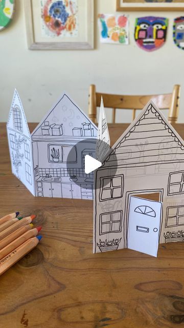 Folding House Paper, Doll House Drawing, 3d House Drawing, Drawing Mini, Fairy Tale House, House Drawing For Kids, Folding House, Kids Craft Ideas, Profile Drawing