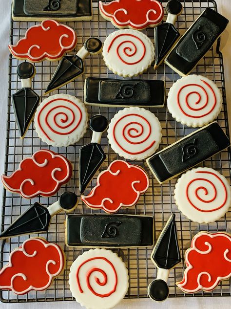 Anime Birthday Food Ideas, Akatsuki Party Ideas, Naruto Birthday Decoration, Akatsuki Wedding Theme, Naruto Bday Cake, Akatsuki Cake Ideas, Naruto Desserts, Naruto Themed Birthday Party Food, Naruto Themed Birthday Party Decorations