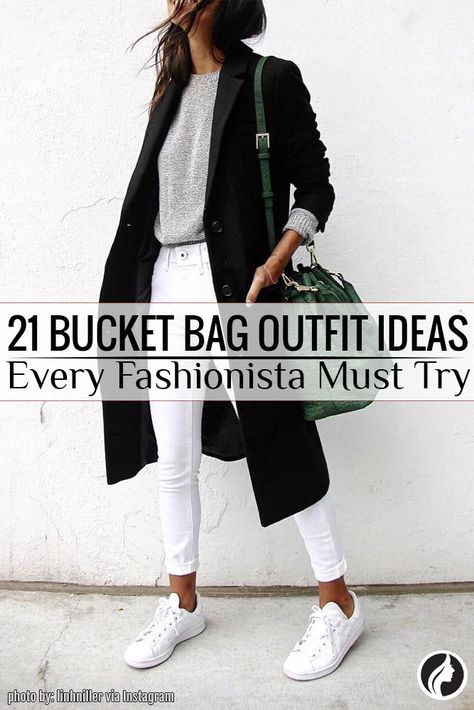 A bucket bag has many advantages: firstly, it is fashionable; secondly, it is compact; and most importantly, it is appropriate to wear it to work. Bucket Bag Purse, White Bucket Bag Outfit, Leather Bucket Bags, Bucket Bag Outfit Street Styles, Black Bucket Bag Outfit, Mini Bucket Bag Outfit, Designer Bucket Bag, Bucket Bag Street Style, Bucket Bag Outfit