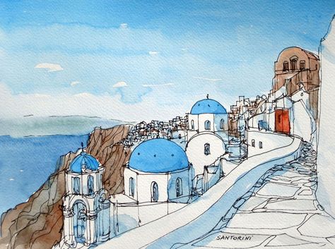 Santorini by Andre Vogy Greece Drawing, Santorini Oia, Greece Painting, Greece Art, Pen And Wash, Watercolor Architecture, Travel Drawing, Urban Sketches, Urban Sketch