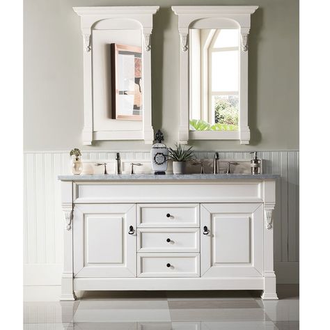 Single Vanities 51" - 60" – Vanities Depot White Double Vanity Bathroom, White Double Vanity, Shelves For Storage, White Faucet, James Martin Vanity, Wood Backsplash, Raised Panel Doors, James Martin, Double Vanity Bathroom