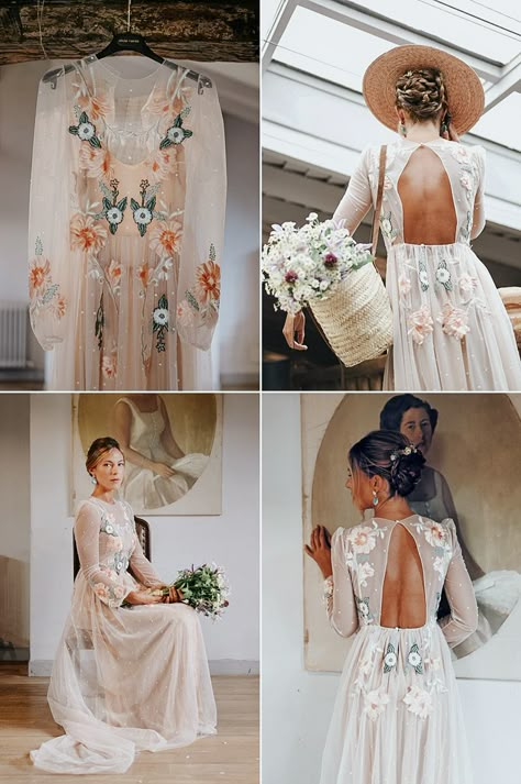 Wedding Dress Color Accent, Ready To Wear Wedding Dress, Embroider Wedding Dresses, Boho Wedding Dress Flowers, Not Traditional Wedding Dress, Colour Embroidered Wedding Dress, Non Traditional Wedding Dress Floral, Wedding Dresses With Colour, Wildflower Embroidered Wedding Dress