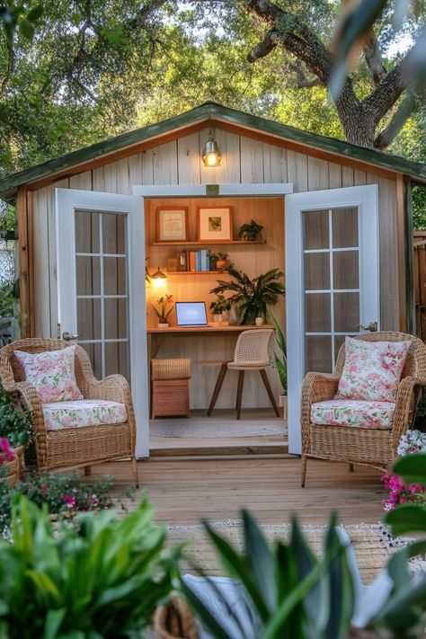 she shed office idea Shed Interior Design Ideas Office, She Shed Window Ideas, 10 X 12 She Shed Interior Ideas, She Shed Lighting Ideas, Shed To Office Conversion, Office Shed Interior, She Shed Ideas Woman Cave, Small She Shed Interiors, She Sheds Ideas