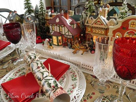 christmas village copycat tablescape, christmas decorations, seasonal holiday decor or winter Christmas Village On Dining Table, Village Tablescape, Christmas Village Table, Vintage Christmas Dinnerware, The Village People, Christmas Village Sets, Christmas Table Setting, Christmas Dining Table, Christmas Dinnerware