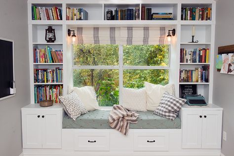 Book shelf window seat Book Shelf With Seating, Window Seat And Bookshelves, Book Shelf With Seat, Bookshelves Around Windows, Bookshelf Around Window, Book Shelf Window, Window Seat With Bookshelves, Small Window Seat, Melanie Harlow