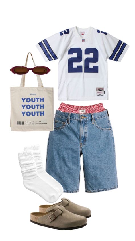 summer outfit, shorts, jorts, jersey, birkenstocks, blue outfit Jersey Shorts Outfit, Summer Outfit Shorts, Outfit Shorts, Teen Swag Outfits, Fashion Layout, Black Men Street Fashion, Men Street Fashion, Street Fashion Men Streetwear, Mens Casual Dress Outfits