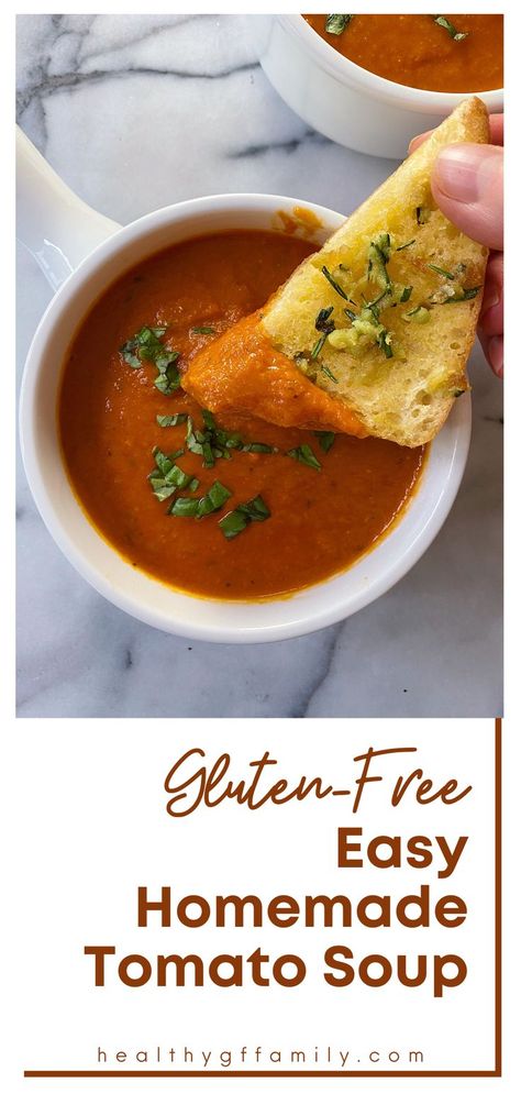 This Easy Homemade Tomato Soup is creamy (without any cream!), flavorful, cozy and so delicious! And of course, it's naturally gluten-free. Perfect served with gluten-free garlic bread, biscuits or grilled cheese. Garlic Bread Biscuits, Gluten Free Tomato Soup, Gf Soup, Easy Homemade Tomato Soup, Gluten Free Garlic Bread, Savory Biscuits, Gluten Free Fall Recipes, Healthy Stew, Homemade Tomato Soup