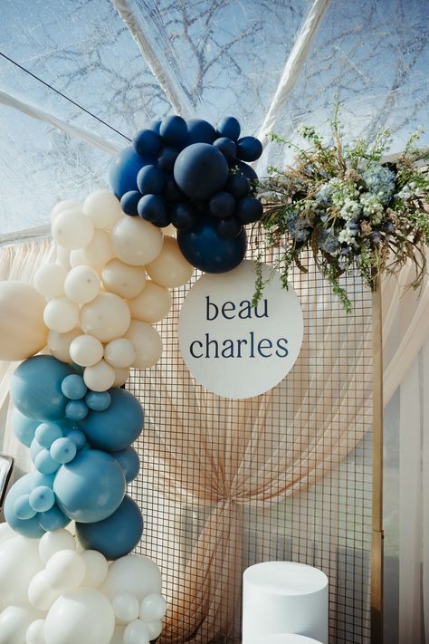 LITTLE BOY BEAU. SIP & SEE Neutral Floral Arrangements, Balloon Photo Backdrop, Baby Boy Sip And See, Boy Baby Shower Table, Blue Baby Shower Decorations, Blue Goblets, Clear Top Tent, Baby Shower Chair, Baby Chairs