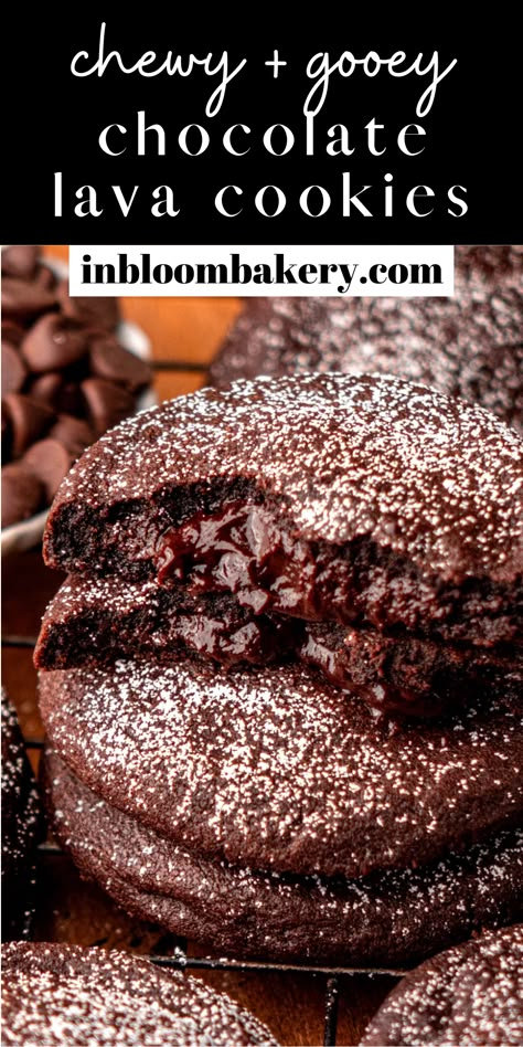 Gooey Chocolate Lava Cookies, Lava Cookies Recipe, Decadent Desserts Chocolate, Molten Lava Cake Cookies, Molten Lava Cupcakes, Desserts For Chocolate Lovers, Chocolate Lava Cookies Recipes, Fudge Chocolate Cookies, Chocolate Lava Brownie Cookies