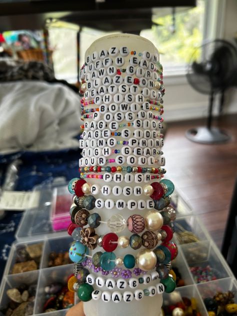 Phish jewelry, phish bracelets, phish titles, chunky beads, recycled jewlery, peace and love, blaze on, rage, lawn girl Sticker Mood, Phish, Recycled Jewelry, Chunky Beads, Peace And Love, Lawn, Recycling, Beads, Music