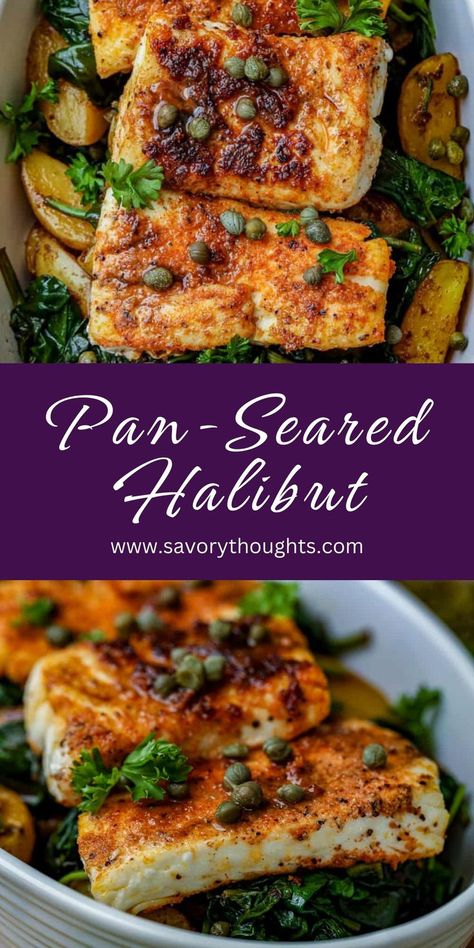 Pan-Seared Halibut. Pan Seared Halibut Recipes, Potatoes And Spinach, Vegan Thanksgiving Dinner, Slow Cooker Lamb, Halibut Recipes, Pork Recipes Easy, Haitian Food Recipes, Meatless Main Dishes, Easy Pork