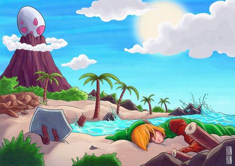 Legend of Zelda Link's Awakening art > Link washes up on the shores of Koholint Island | konkun_art Links Awakening Fanart, Link's Awakening Wallpaper, Link's Awakening Art, Link’s Awakening, Zelda Wind Waker Aryll, Link's Awakening, Koholint Island, Awakening Art, Legend Of Zelda