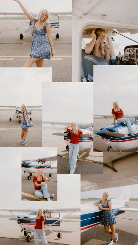 Senior Pics With Airplane, Plane Senior Pictures, Pilot Senior Pictures, Aviation Photoshoot, Airplane Pics, Senior Posters, Airplane Photos, Airplane Pilot, Fun Pictures