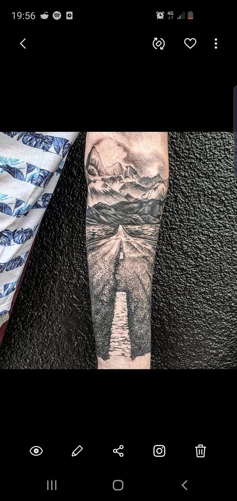 Mens forearm tattoo. Road tattoo. City To Mountains Tattoo, Long Road Tattoo, Desert Road Tattoo, Road Tattoo, Scene Tattoo, Desert Road, Mountain Tattoo, Ink Ideas, Forearm Tattoos