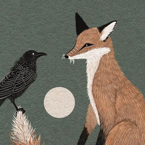 Sarah Kiser on Instagram: "Eggnore tall tails and stay away from seedy characters. 🌝 . . . . . . . . . . . . . . . . . . #crow #crowart #woodlandcreatures #folkart #folkartbird #cottagecore #illustration #animalart #illustrationartist #nature #naturelovers #birdnest #botanical #fox #foxart #femaleartist #illustrationartist #digitalpainting #digitalillustration #colorcrush #natureart #colorfulcreative #art #draw #photoshopillustration #witchystuff #witchyart #spring #birdart #birder" Fox And Crow Art, Fox And Bird Art, Fall Fox Drawing, Cute Crow Illustration, Fox Folk Art, Fox And Crow, Cottagecore Illustration, Crow Illustration, Fox Aesthetic