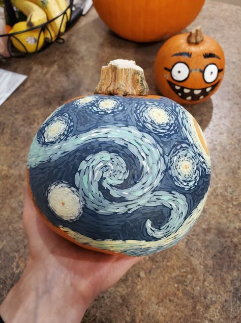 Painted Pumpkins Ideas Aesthetic, Pumpkin Painting Starry Night, Art On Pumpkins, Night Sky Pumpkin Painting, Van Gogh Pumpkin Painting, Starry Night Pumpkin Painting, Intricate Pumpkin Painting, Witchy Painted Pumpkin, Pumpkins Ideas Painted