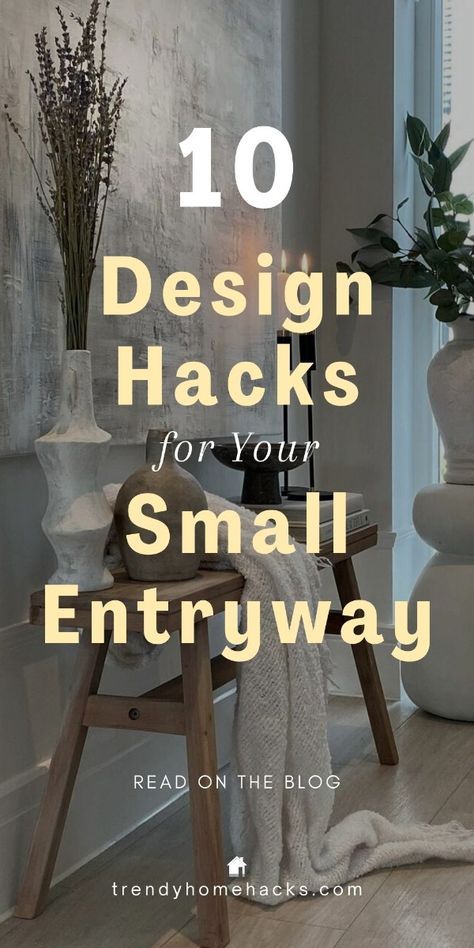 Your entryway is the first glimpse visitors get of your personal style, but designing a small space can be challenging. In this blog post, we tackle the challenges of small entryways head-on, sharing innovative solutions to elevate your entryway from functional to phenomenal. 

Ready to make a lasting impression in confined quarters? Check out these trendy design hacks on the Trendy Home Hacks blog or save the pin for later! Small Apartment Foyer Ideas, Entry Table Small Space, Hallway Shelves Decor, Stairway Entrance Decor, Small Entry Ways Ideas, Small Apartment Hallway Decor, Apartment Entrance Design Front Entry, Simple Foyer Design, Entrance Hall Decor Front Entry