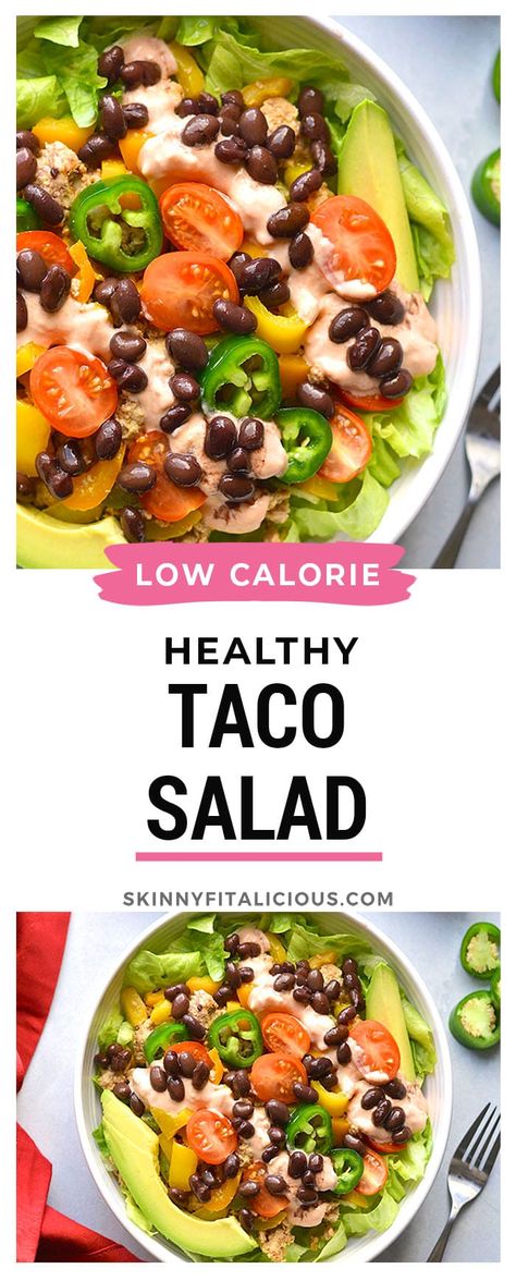 Salad Low Calorie, Chicken Taco Bowl Recipe, Chicken Taco Bowl, Healthy Taco Salad, Salsa Dressing, Low Carb Taco Salad, Low Cal Dinner, Low Calorie Meal, Taco Bowl Recipe