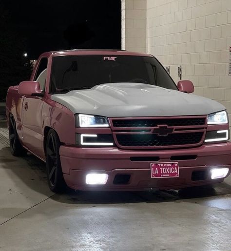 Pink Chevy Trucks, Pink Trucks, Pink Chevy, Chevy Trucks Lowered, Low Trucks, Single Cab Trucks, Silverado Truck, Lowrider Trucks, Dropped Trucks