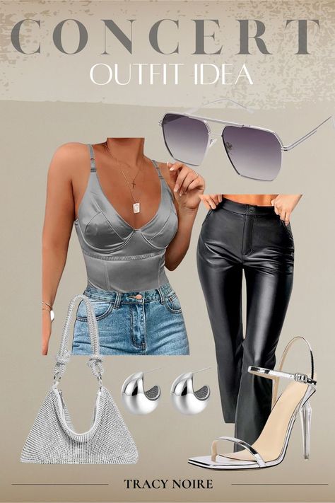 Edgy Concert Outfit, Rap Concert Outfit Ideas, Rap Concert Outfit, Concert Look, Silver Bodysuit, Rap Concert, Concert Outfit Inspo, Silver Purse, Silver Sunglasses