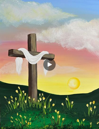 Easter Cross Painting | Here is a step by step beginner cross on a hill painting tutorial, perfect for Easter weekend! 🎨 #easypainting #beginnerfriendly #cross #easterweekend... | By Emily Seilhamer Art | Here's the beginner sunrise
painting perfect for Easter weekend. Taking a mop brush,
I'm going to use yellow and white, a little bit more white
than yellow though because we want this to be muted pastel
colors for a sunrise and I'm going to do back and forth
strokes in the bottom third of my canvas. I'm using 11 by
fourteen canvas board today. I'm going to bring the yellow
and white up a little over halfway. Without washing the
brush, dip into pink and a little bit of white again to
make it more of a pastel color and do more back and forth
strokes moving up a little bit fur in your sky. Cross Canvas Paintings, Easter Paintings, Sunrise Painting, Easter Religious, Canvas Painting Tutorials, Easter Weekend, Easter Cross, Easy Canvas Painting, Cross Paintings