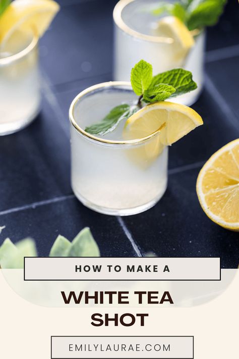 Light, sweet, and refreshing, this White Tea Shot recipe is certain to become part of my party-planning repertoire. Made with just 4 simple ingredients in as many minutes, these batchable white tea shots are balanced, and easy to enjoy! White Tea Shot Recipe, Green Tea Shots Recipes, Bday Drinks, Homemade Sour Mix, Shots Alcohol Recipes, Easy Party Drinks, Herb Drink, Bach Bash, Tea Drink Recipes