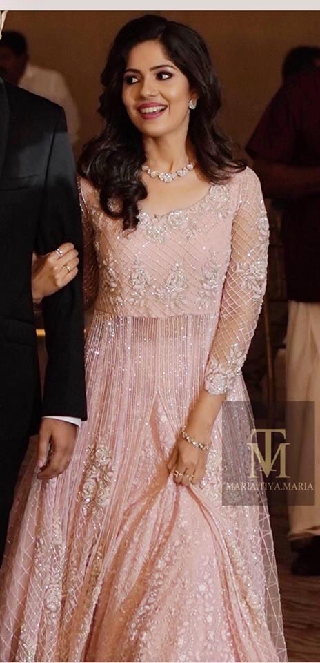 Pink Gown Jewellery Ideas, Anarkali Dress For Engagement, Lehenga Designs Reception Dresses, Reception Bridesmaid Outfit Indian, Engagement Christian Dress, Anarkali For Engagement, Christian Reception Dress, Christian Betrothal Dress, Pink Reception Dress Brides