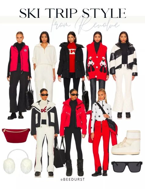 Ski trip style from revolve, ski trip outfit, winter outfit, winter coat, winter jacket, boots, skiing outfit, ski jacket, ski looks, ski trip looks, ski boots, winter hat, winter beanie, ski goggles, ski pants, ski bib, ski onesie, winter onesie, white ski boots, ear muffsler Women’s Ski Outfit, Red Ski Outfit, Ski Trip Outfits, Ski Trip Outfit, Womens Winter Fashion Outfits, Ski Outfit, Trip Outfits, Ski Trip, Cozy Outfit