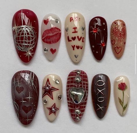 Red Nail Art, Hippie Nails, Grunge Nails, Red Nail Designs, Pretty Gel Nails, Really Cute Nails, Kawaii Nails, Press Ons, Arte Inspo