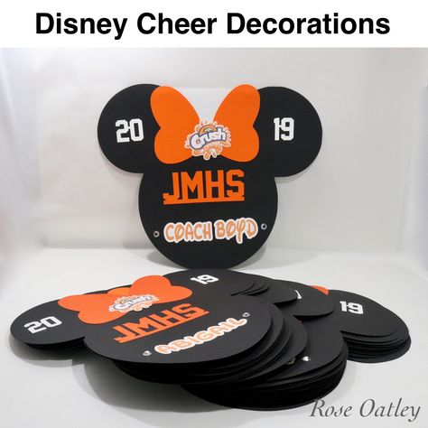 I made these Disney cheer decorations to decorate our team’s hotel rooms.  They are headed to compete at Nationals.  Hope this helps with ideas..  Rose Oatley Dance Team Decorations, Cheer Nationals Door Decorations, Disney Cheer Gifts, Cheer Door Decorations Hotel, Cheer Camp Door Decorations, Cheer Disney, Cheer Decor, Cheer Swag, Dance Nationals