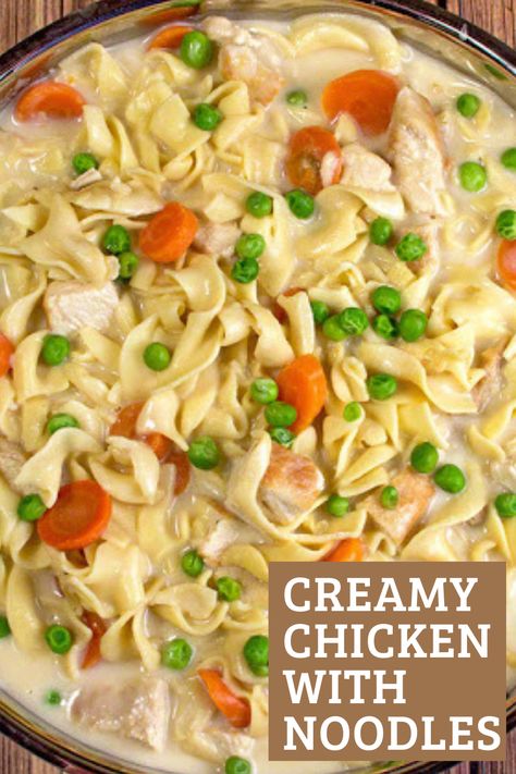 This skillet creamy chicken with noodles are the perfect weeknight dinner recipe Chicken Peas Pasta, Peas And Carrots Recipe, Chicken With Noodles, Noodles Dinner, Creamy Chicken And Noodles, Chicken And Egg Noodles, Chicken Main Dish Recipes, Crockpot Chicken And Noodles, Egg Noodle Recipes