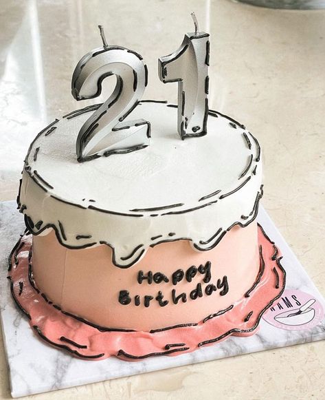 comic cake, comic book cake, outline comic cake, buttercream comic cake, cartoon cake, comic cake designs Cakes For 21st Birthday Girl, Cake For 21st Birthday Girl, Birthday Cake 21 Girl, Comic Cake Ideas, Cake Outline, Pink Harry Potter, Harry Potter Cake Ideas, Happy Birday, Comic Cake