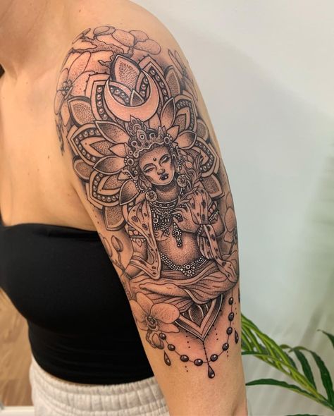 Buddha Tattoo Upper Arm, Buddha Arm Tattoo Women, Spiritual Upper Arm Tattoos For Women, Buddha Arm Tattoo, Thai Buddha Tattoo, Buddha Sleeve Tattoo, Spiritual Sleeve Tattoos For Women, Buddhist Tattoo Sleeve, Cone Crew