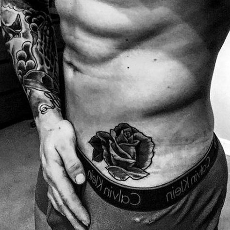 Mens Hip Tattoos, Lower Hip Tattoos, Maori Tattoo Frau, A Rose Tattoo, Side Stomach Tattoos, Abdomen Tattoo, Lower Stomach Tattoos, Ab Tattoo, Men Masculine