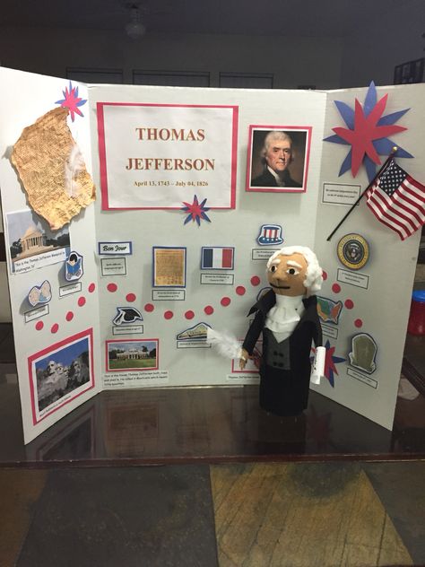 Thomas Jefferson Project...Display board with timeline and bottle doll! Poster Board Ideas School Project Famous Person, Biography Display Ideas, History School Projects, Biography Trifold Board Ideas, Social Studies Fair Projects Display, Social Studies Project Ideas, School Project Poster Ideas, Posterboard Projects For School, Living History Museum Project