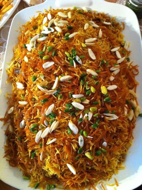 Afghani Narenj Polo ~ Basmati rice, dried orange peel strips, Pistachios, Saffron Afghani Pulao, Afghanistan Food, Pulao Rice, Iranian Dishes, Afghan Food Recipes, Persian Rice, Recipes Rice, Iranian Recipes, Persian Recipes