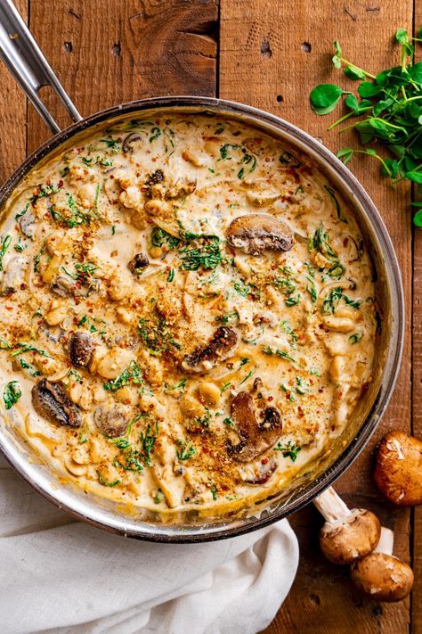 Creamy Butter Beans and Mushrooms - The Friendly Feast Vegan Pot Roast, Recipes Mediterranean Diet, Butter Beans Recipe, Recipes Mediterranean, Canned Butter, Mushroom Dish, Garlic Soup, Butter Beans, Vegan Condiments