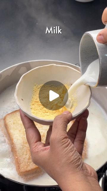 Annapurna Rasoi on Instagram: "•MILK BREAD RECIPE•😍 This recipe is going crazy on the internet!! We decided to try this at last and this tastes really SO GOOOOD🤤 Definitely one of our favourite childhood memories, where we used to have milk bread prepared by our mons🙈  Ingredients used are- Butter Bread slices Milk- around 400 ml Sugar- 2 Tbsp  Custard Powder- 1-1.5 Tsp Add Milk- 3/4 cup in custard powder and mix well Cook for around 3-4 mins  We have added chopped pistas on the top!  #milkbread #bread #milk #breadrecipe #easyrecipes #quickrecipes #uniquerecipe #breakfast #breakfastrecipes #reelitfeelit #recipereels #feelitreelit #butter #toast #custard #custardrecipe #dessert #dessertrecipe #delhi #delhifood #delhifoodblogger #delhifoodblog #food #foodporn #foodreels #foodstagram #inst Bread And Milk Recipe, Easy Milk Bread Recipe, How To Make Milk Bread, Milk Bread Recipe Toast, Custard Powder Recipes, Turkish Milk Bread In A Pan, Butter Toast, Milk Bread Recipe, Butter Bread