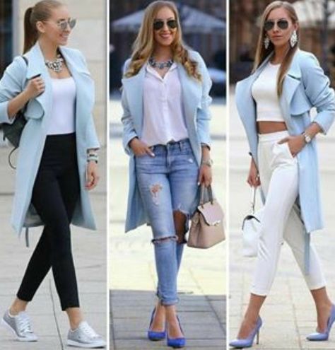 Light Blue Coat Outfit, Light Blue Blazer Outfit, Blue Blazer Outfits For Women, Blue Coat Outfit, Blue Blazer Outfit, Light Blue Blazer, Mode Mantel, Blazer Outfits For Women, Casual Work Outfits